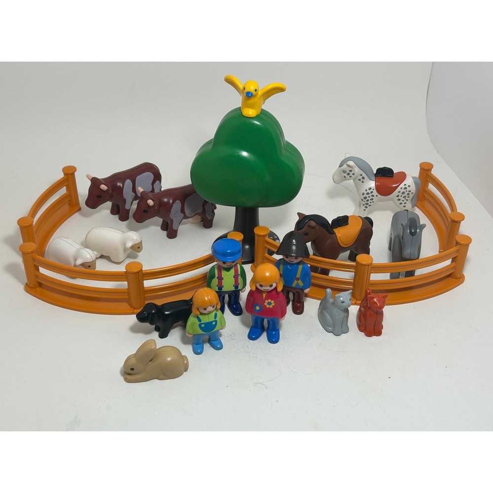 Playmobil‎ 1.2.3 Farm Animal People Fence Tree Lot Vintage Toddler Toys 20 Piece